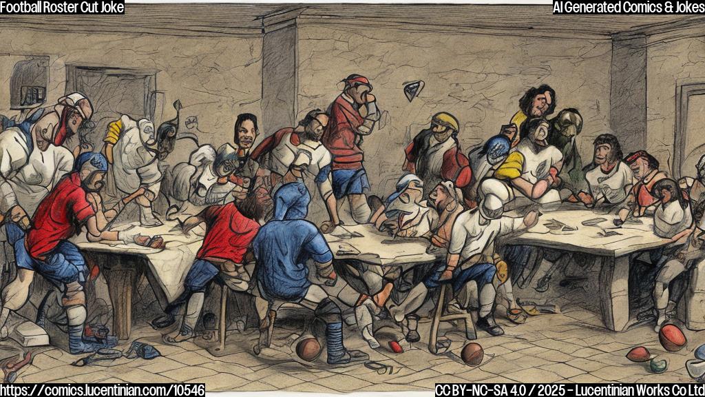 Plain color cartoon style drawing of a football team gathered around a table. One player is holding a ladder, looking confused. The background is a simple office setting.