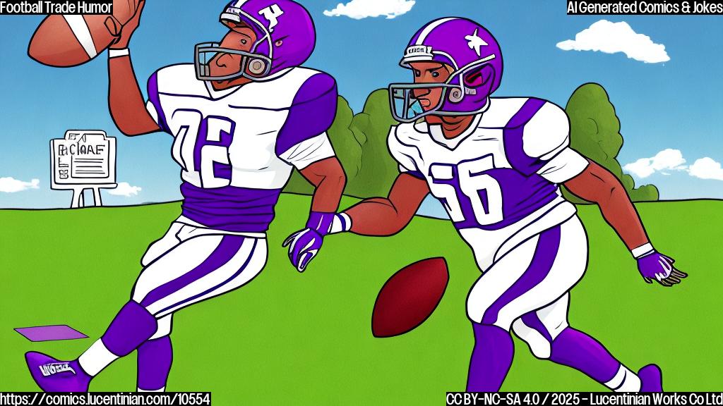 A cartoon drawing of a football player in a purple jersey catching a football while holding a plane ticket. The background is a simple green field. The style is plain colors, no shading.