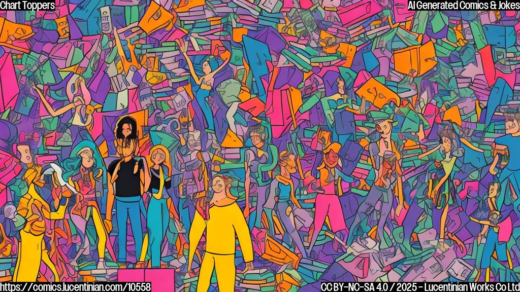 Plain color cartoon style image of a group of stylized young people dressed in flashy, demon-hunting outfits looking confused amidst towering stacks of vinyl records. A lone figure with a stylized microphone stands to the side, equally bewildered. The background is a simple, solid color.