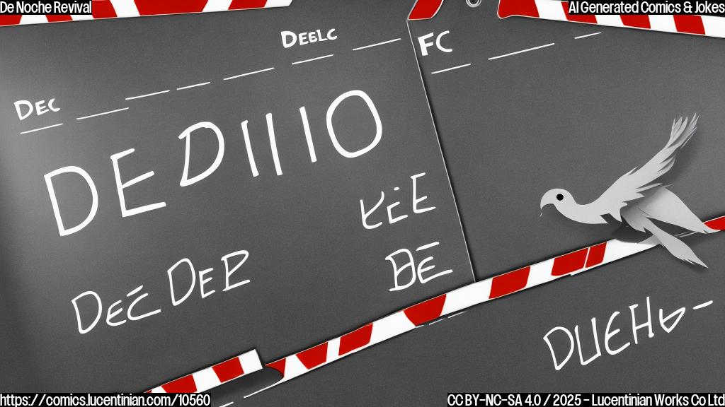Cartoon style, plain background, a film clapperboard with the title "De Noche" on it, surrounded by circling vultures.