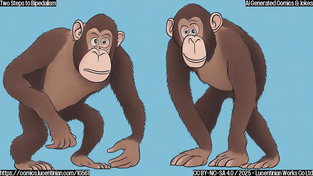 A simple cartoon showing a slightly hunched-over ape-like creature taking a clumsy step, followed by a second step where it stands more upright. The background is plain light blue.