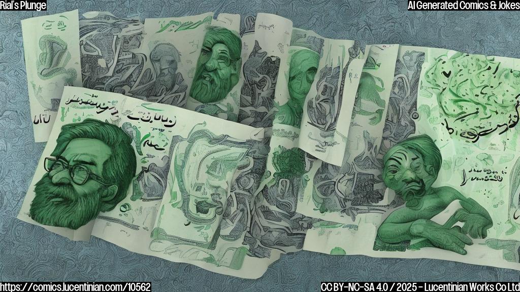 A cartoon image showing a green colored currency note with a sad face wearing swimming trunks and floaties, jumping off a diving board into a pool with a worried expression. The pool is labeled "Iranian Economy". The sky above is cloudy and dark. The style is simple, plain colors, cartoonish.