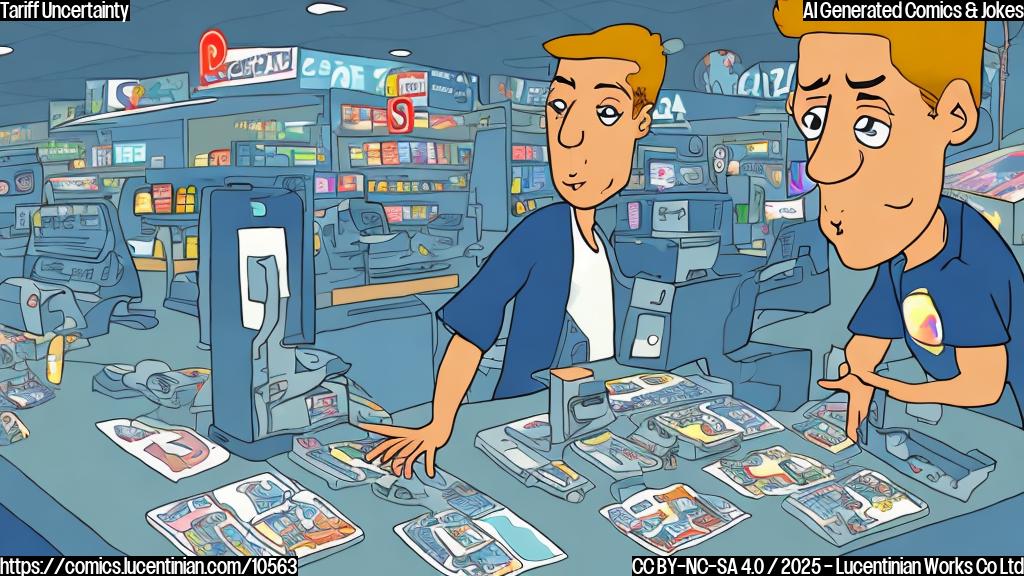A cartoon image showing a perplexed-looking cashier at an electronics store scratching their head, surrounded by question marks and price tags with fluctuating numbers. The background is a plain, light blue color.