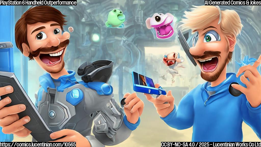 A cartoon gamer character, looking excited and holding a futuristic handheld device with a screen showing advanced graphics. The gamer has a surprised expression on their face, and the background is a simple blue color.