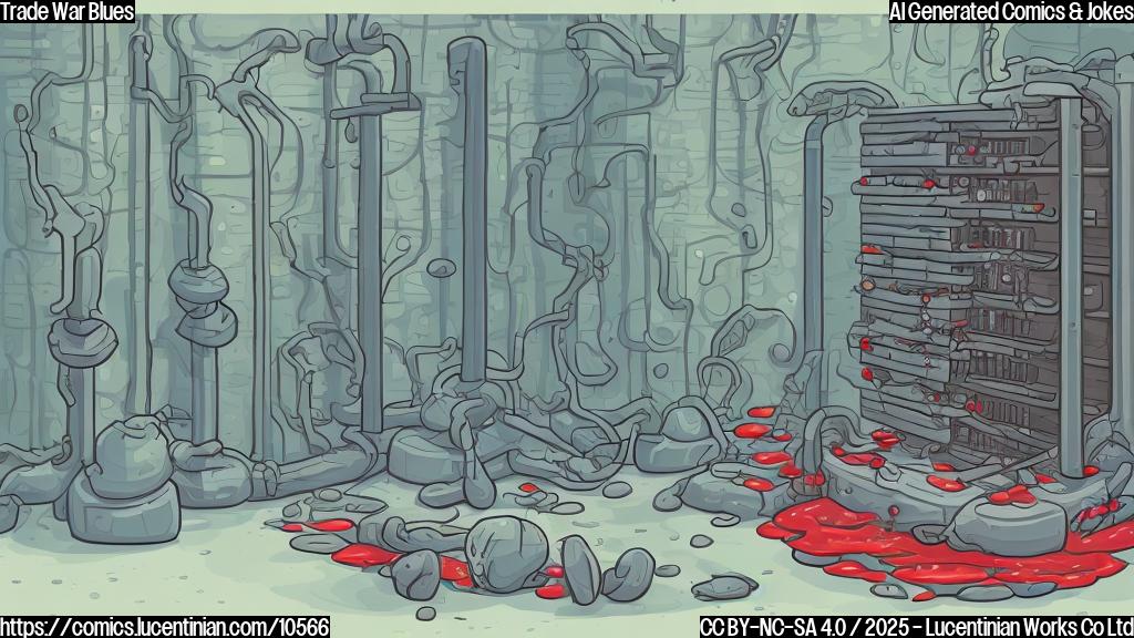 A simple, plain color cartoon style illustration depicting a stressed-out, generically designed server rack anthropomorphized with sweat dripping down its side. The server rack is positioned between a large rock and a large hammer, both also simply drawn in plain colors. A small pool of red liquid is forming beneath the server rack.
