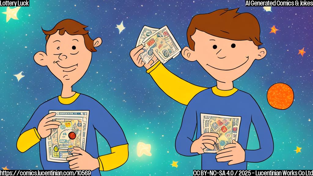 A cartoon drawing of a person holding a lottery ticket, with stars and planets in the background. The person is smiling broadly and appears very excited. The color scheme is bright and cheerful.