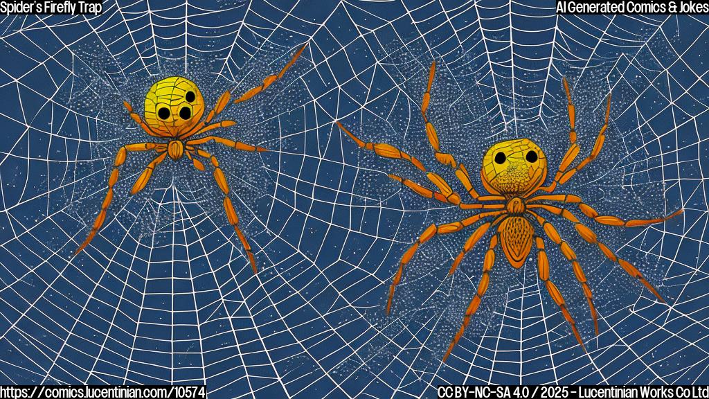 A cartoon drawing depicting a large spider in its web. Inside the web are several glowing fireflies held captive. The spider is looking pleased with itself. The style is simple and brightly colored. The background is a plain dark blue.