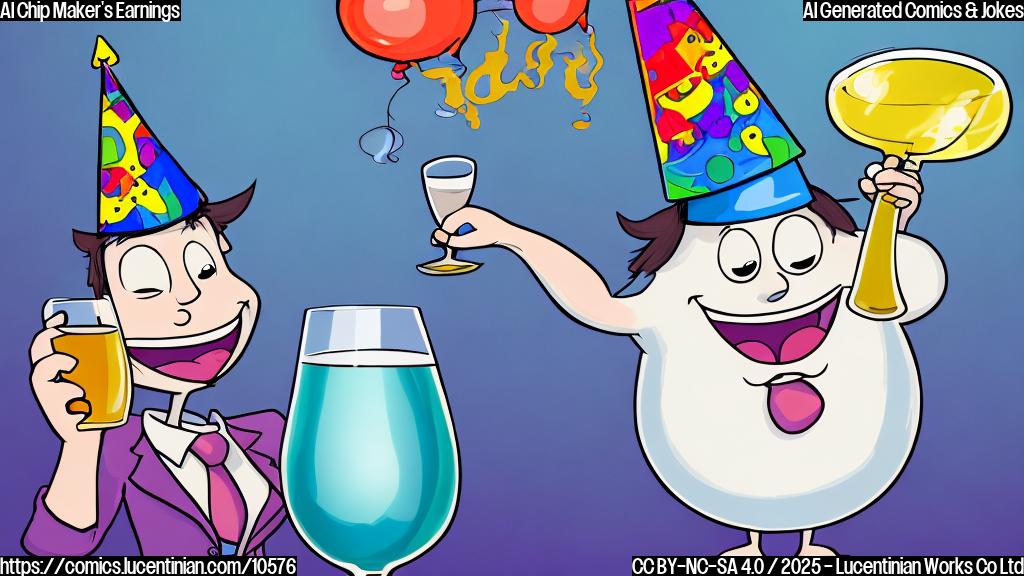 A cartoon-style image of a large, smiling computer chip character wearing a party hat and holding a glass of bubbly drink. The background is a plain light blue color.