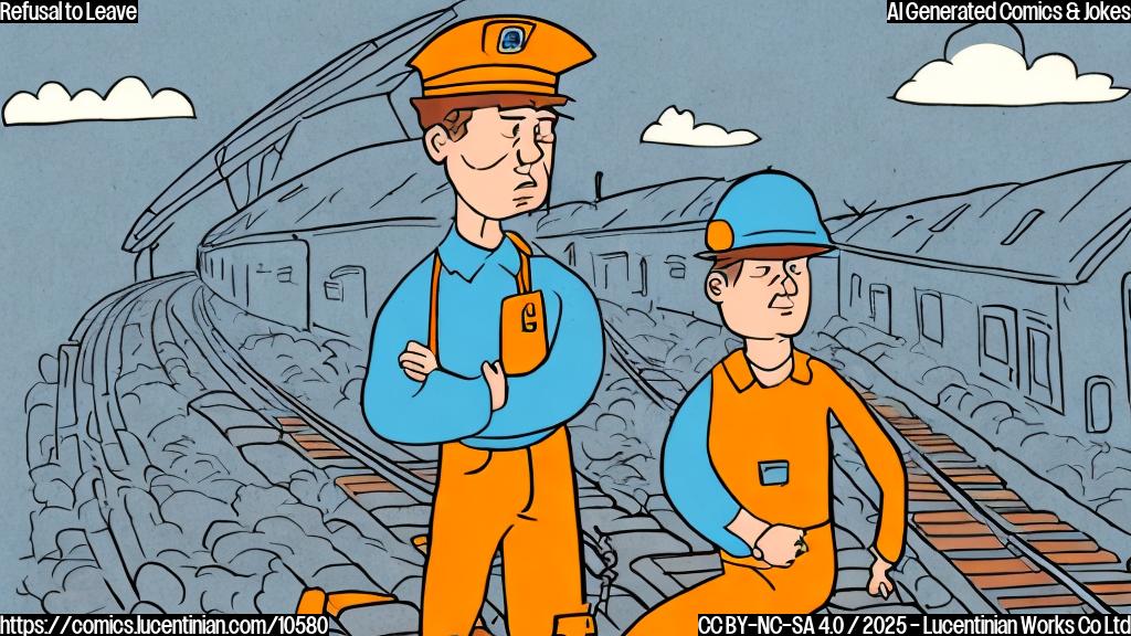 Cartoon illustration of a determined-looking person with a train engineer's hat, stubbornly sitting on a train track with arms crossed. The background is a simple, plain light blue.