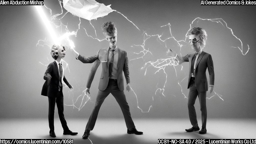 A slightly unhinged-looking man with wild hair and a crumpled tinfoil hat stands in a dimly lit room. Next to him is a realistic-looking mannequin wearing a business suit, its expression blank. The man points a laser pointer at the mannequin's head, a look of triumph on his face. Plain color cartoon style.