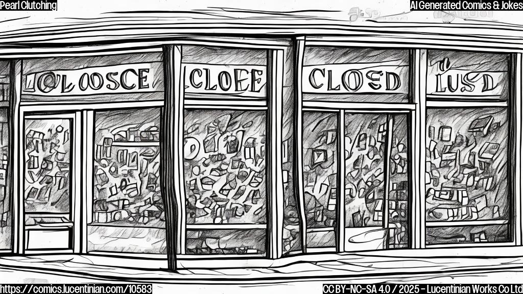 A cartoon style drawing of a closed jewelry store with a sign saying "Closed. Not for Pearl Clutchers." The jewelry inside is visible through the window, but dusty and unappealing. The color scheme is muted and plain.