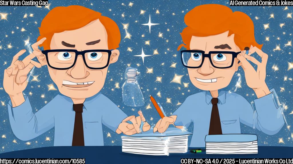 Cartoon style, a plain blue background. A stressed looking person with messy hair, wearing glasses and a wrinkled shirt, sits at a desk overflowing with scripts. They are surrounded by sparkling stars of various sizes. The person is holding their head in their hands with a frustrated expression.