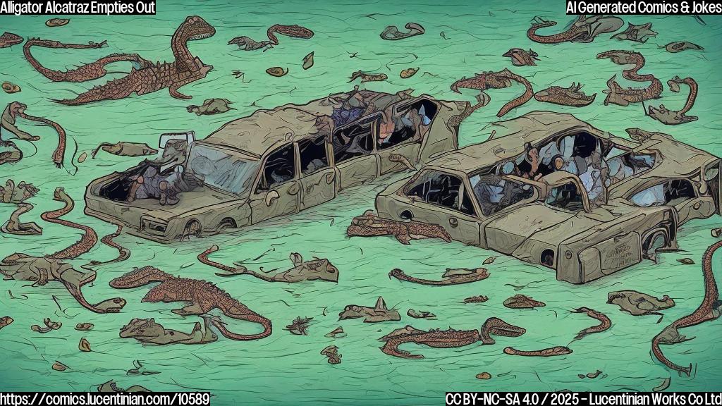 Cartoon illustration of an empty detention center surrounded by a swamp with several alligators. Car keys lie on the ground near an alligator.