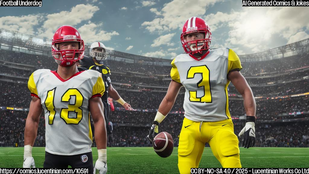 A cartoon image of a football player dressed in bright yellow and black pads, looking nervously over his shoulder at a looming, larger football player in scarlet and gray. Both are standing on a bright green football field with white yard lines. The background is a clear blue sky with puffy white clouds.
