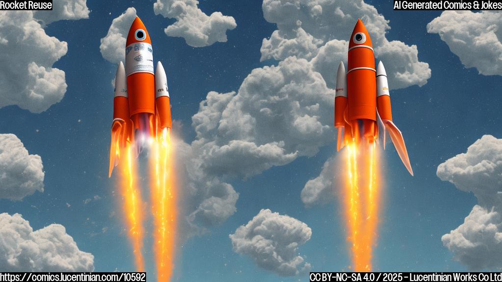 Cartoon style image of a bright orange rocket with a determined expression, soaring through a blue sky with fluffy white clouds. The rocket has some soot marks on its side, indicating it has been used before. The background is a solid light blue.