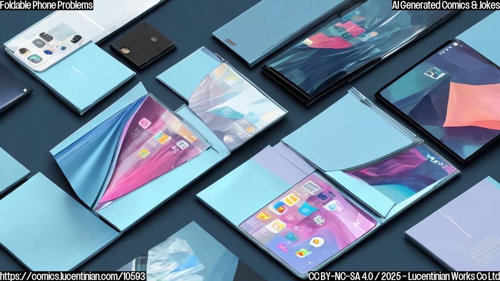 A worried cartoon-style foldable phone with a visible crease down the middle, looking nervously at a group of sleek, modern, non-foldable phones. The background is a plain light blue.