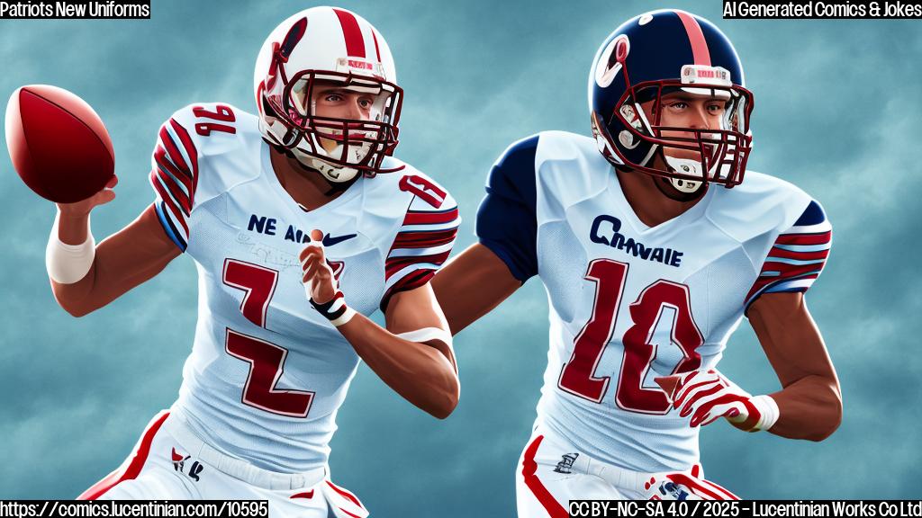 A plain color cartoon style image of a football player wearing a predominantly white uniform with navy and red accents and wave patterns on the sleeves and pants. The background is a light blue sky with fluffy white clouds.