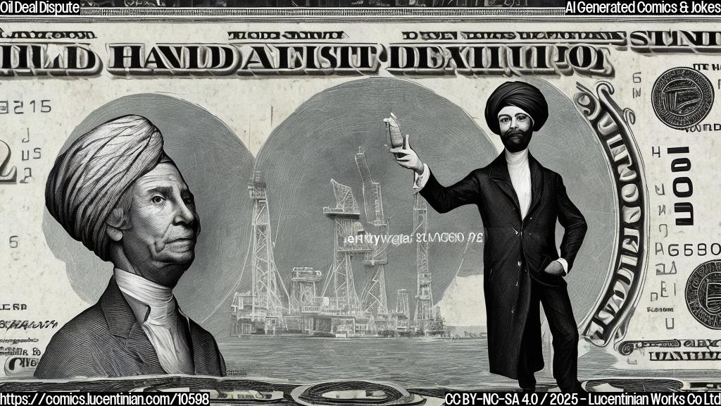 Cartoon style, plain background: A turbaned figure points accusingly at a hard-hatted figure standing next to an oil rig. Dollar bills float in the air.