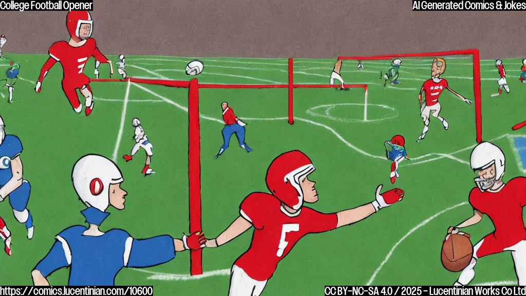 A flat, cartoon-style image depicting a bright green football field with goalposts. Two indistinct football teams are on the field, one in red uniforms and the other in blue. The red team is carrying a large, wooden ladder towards the blue team's goalpost, with a slightly confused expression on their faces.