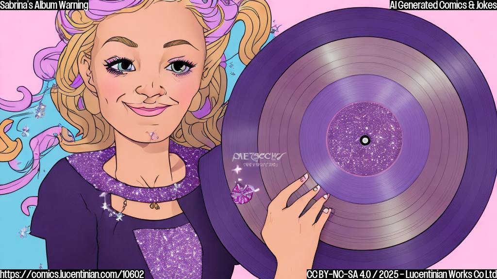 Cartoon style, plain light pink background. A cartoon girl with blonde hair, wearing a sparkly purple dress, is holding a vinyl record. Her eyes are wide, and she has a playful smirk on her face.