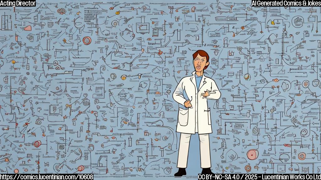 A plain color cartoon style image of a confused-looking person in a lab coat standing in front of a complicated chart filled with gibberish, with question marks floating around their head. The background is a solid light blue.
