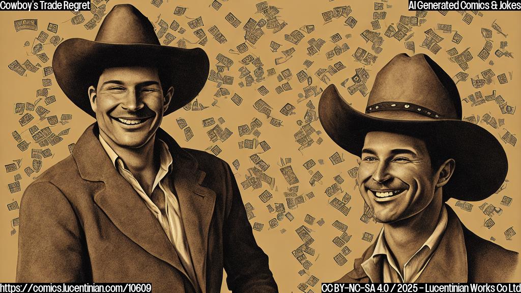 Cartoon drawing of a cowboy with a large hat smiling confidently, surrounded by question marks turning into dollar signs. The background is a flat, plain light brown color.