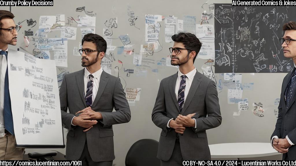 A person with a messy, disheveled haircut and a pair of thick-framed glasses, wearing a suit with a wrinkled dress shirt, standing in front of a whiteboard filled with complex policy notes, while another person with a similar hairstyle and outfit is giving them a concerned look. The background should be a blurred White House scene.