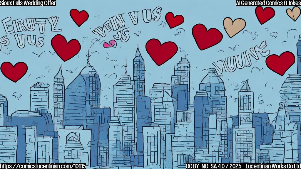 Cartoon image of a generic city skyline with a heart-shaped banner reading "Marry Us!" in a simple, plain color style.