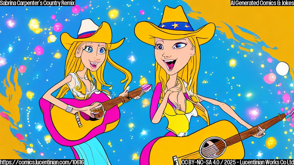 A cartoon style image of a female cartoon singer with long blonde hair wearing a colorful dress singing in front of a cartoon mic with a cowboy hat on the top of the mic. The background is a plain light yellow color.