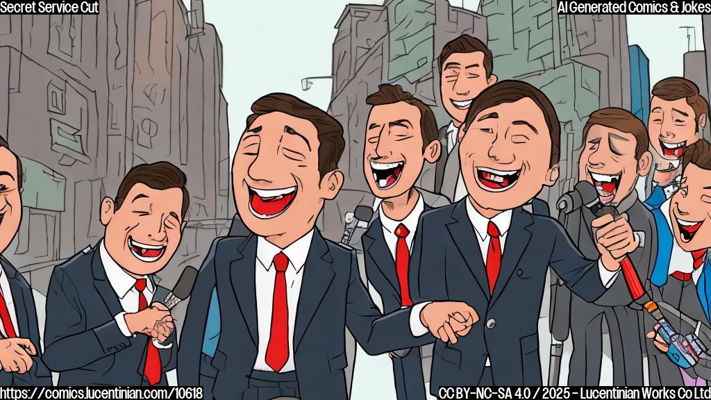 A cartoon image showing a person wearing a suit pointing and laughing at another person wearing a suit who is surrounded by reporters holding microphones. The person being laughed at looks exasperated. The background is a generic city street. Use a plain color background.