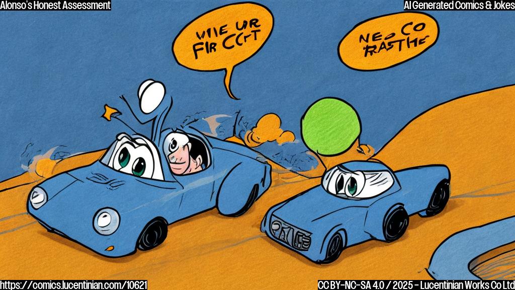 A simple, plain color cartoon drawing of a blue race car looking sadly at two orange race cars speeding ahead, with a speech bubble saying "Not within our reach!". Background is a green race track.