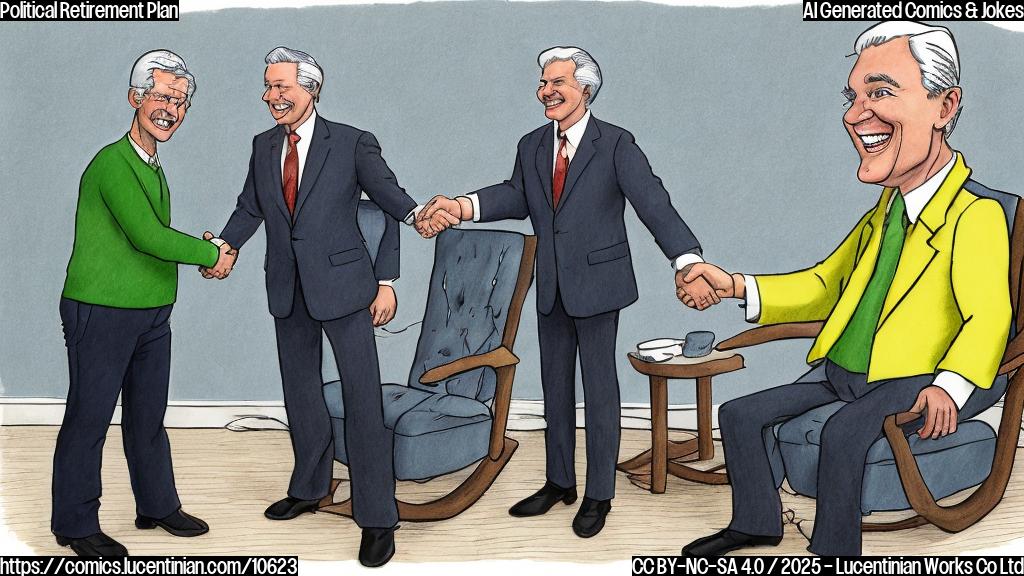 A plain color cartoon drawing of a smiling, gray-haired person in a blue suit, shaking hands with the CEO of a rocking chair company, whose wearing a green t-shirt, in front of a factory full of rocking chairs. The background is yellow.