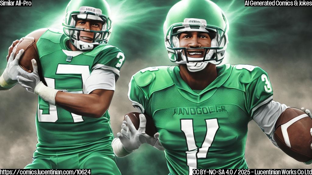 a plain color cartoon style picture of a football player in green uniform, smiling proudly, with a halo above his head