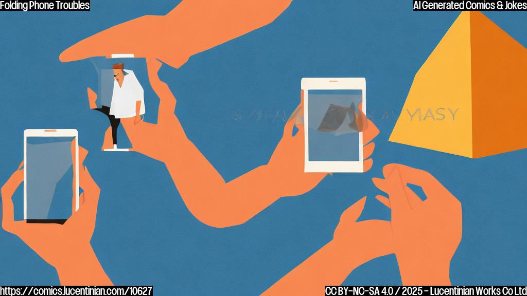 A frustrated person holding a strangely folded phone that resembles a small pyramid, set against a plain blue background. Cartoon style, simple colors.
