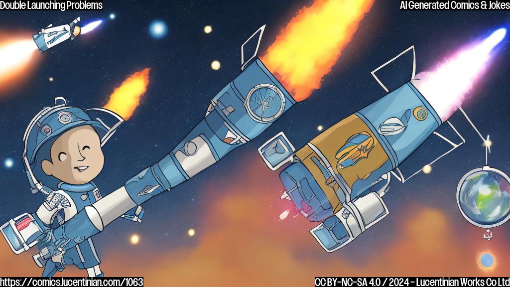 : A cartoon of a person holding two clocks, one with a rocket blasting off and another with an "X" marked through it. The background is a space station with multiple rockets in the background, all with different schedules written on them.