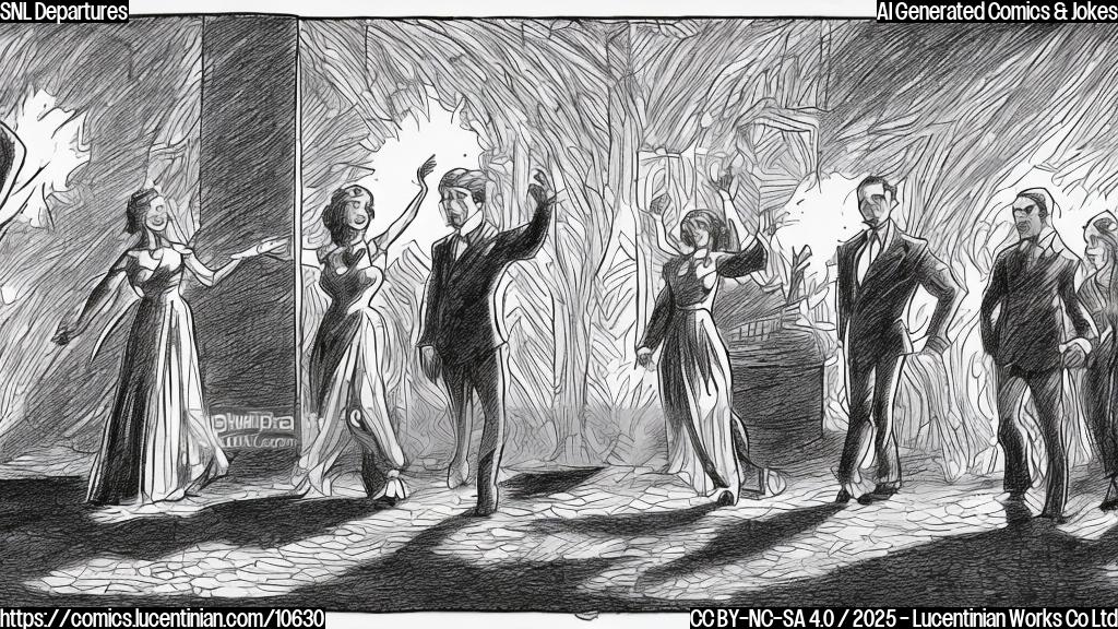 Draw a plain color cartoon style image of a stage with a single spotlight. Two nondescript figures, one female and one male, are walking away from the light into the darkness. The female figure is waving goodbye with a smile. The male figure is giving a thumbs up.