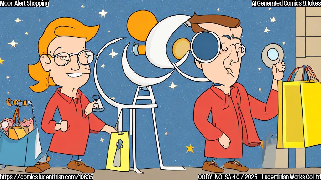 A cartoon astrologer with a telescope in one hand and a shopping bag in the other, standing in front of a grocery store under a crescent moon. Plain color background.