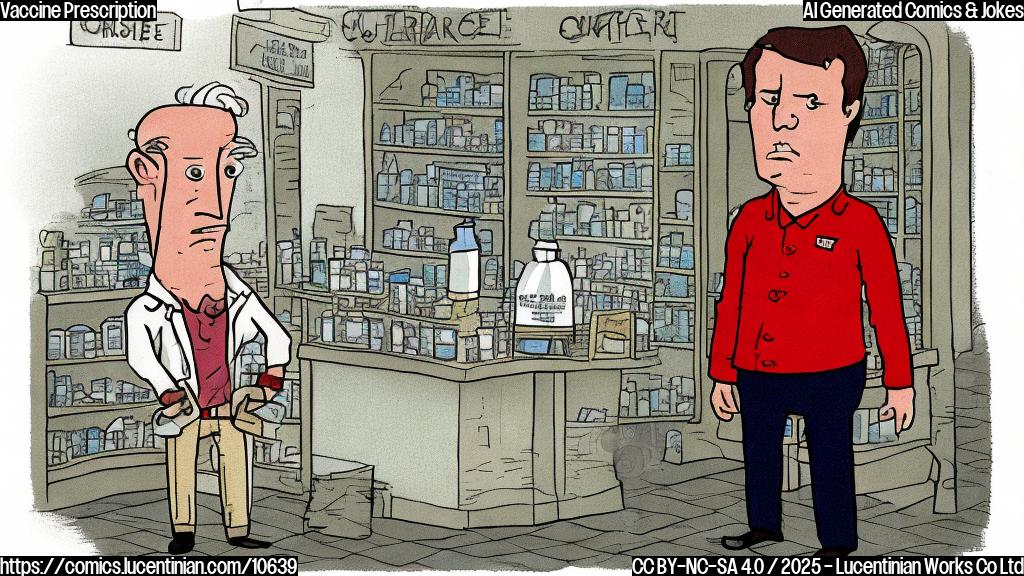 Plain color cartoon of a confused citizen with a worried expression standing in front of a pharmacy counter, holding an empty syringe and a puzzled look on their face.