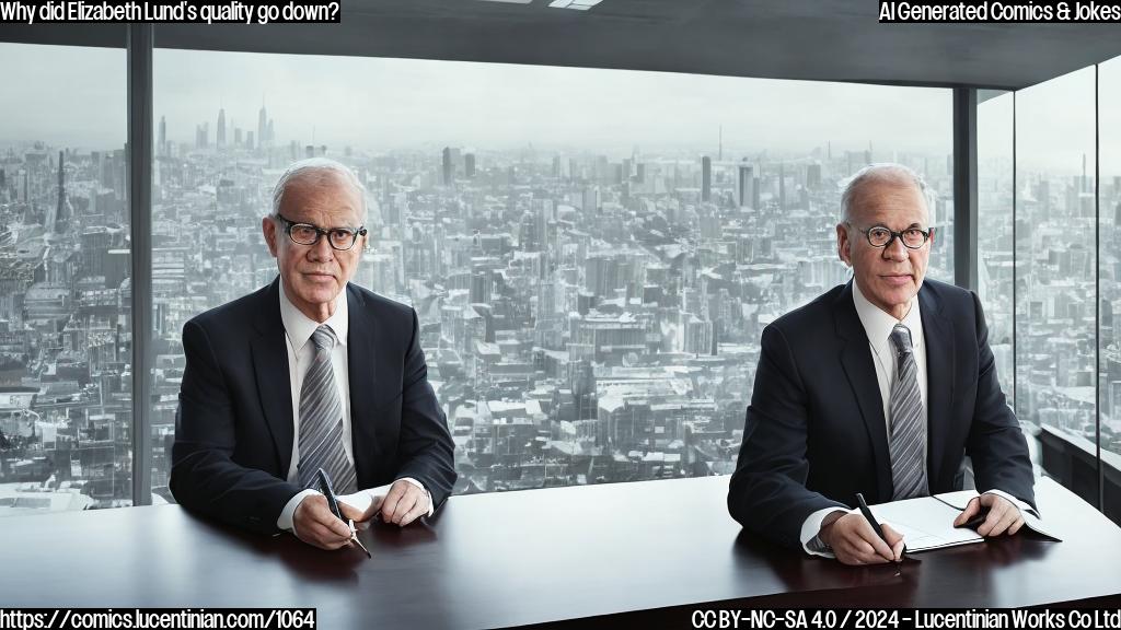 A senior executive with a reputation for excellence, sitting at a desk with a notepad and pen, wearing a professional outfit with a stern expression, in front of a large window with a cityscape outside.