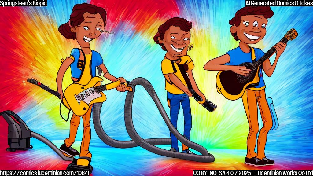 Cartoon style, a smiling musician with a guitar case in one hand and a bright yellow vacuum cleaner in the other, standing in front of a red carpet with flashing cameras. The background is a plain light blue.