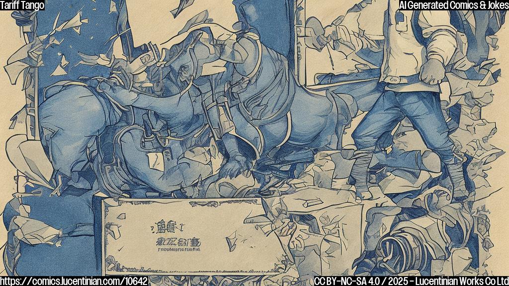 Cartoon illustration. A sad-looking trade agreement document is walking away from an aggressive-looking tariff with sharp edges. The background is plain blue.