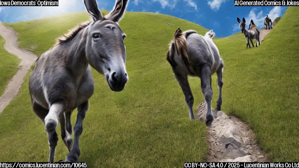A cartoon depiction of a donkey (symbolizing the Democratic party) attempting to climb a very steep hill in Iowa, but the hill is magically flattening out just slightly ahead of the donkey, making the climb easier but still challenging. The sky is bright blue with fluffy white clouds.