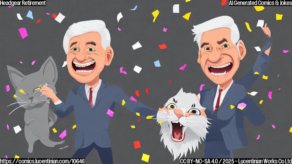 A cartoon image of a gray haired man wearing a sports jacket, holding a giant foam head of a wildcat, confetti falling around him, plain background.