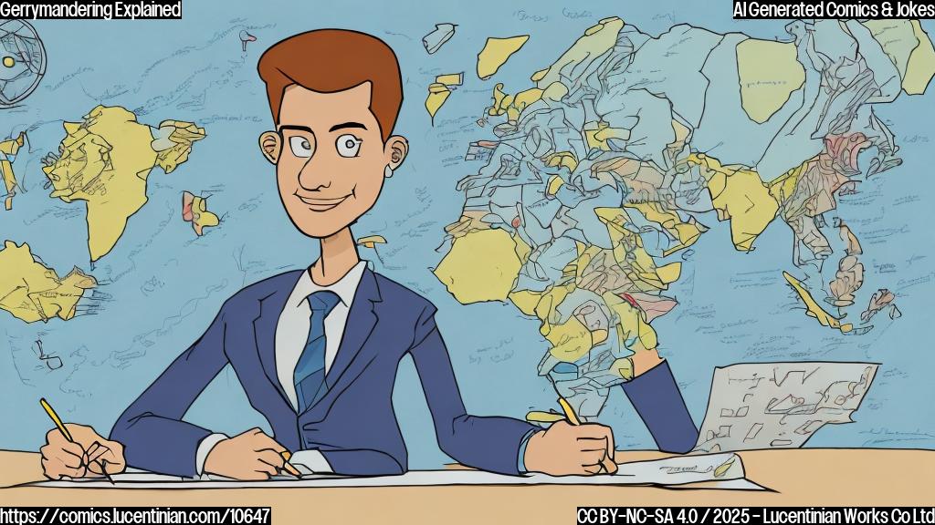 Cartoon style drawing of a person wearing a suit sitting at a desk with a large map of a state on it. The person is using crayons to redraw the lines on the map in a very convoluted and nonsensical way. The color palette is plain and simple.
