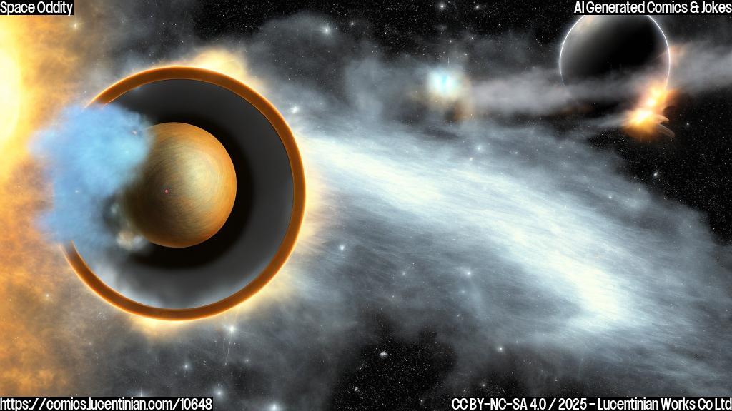 a plain cartoon style picture of a sad looking disk of dust and gas floating in space, with a stylized telescope in the background looking at it