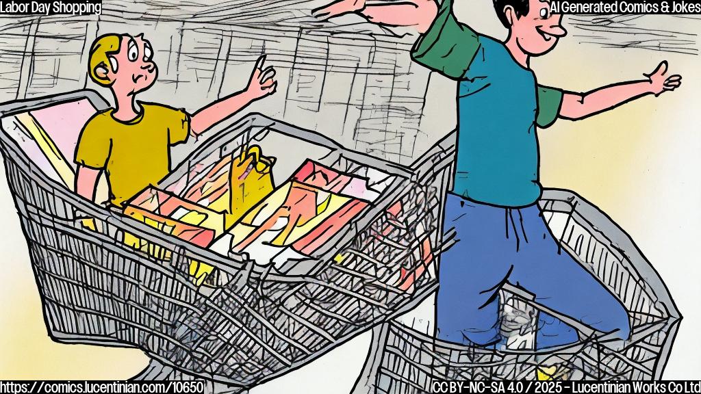 A simple cartoon of a person with a shopping basket looking upwards, holding a ladder. The background is a plain, bright color.