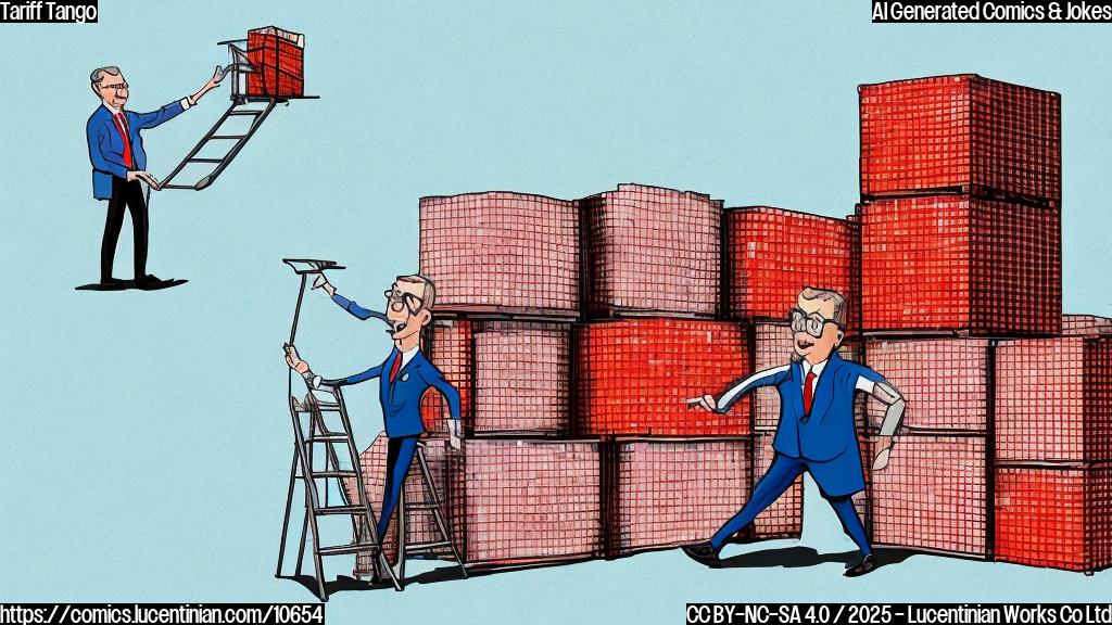 Cartoon style image of a judge with oversized glasses holding a comically small ladder next to a stack of shipping containers labeled "Tariffs." The background is a plain light blue.