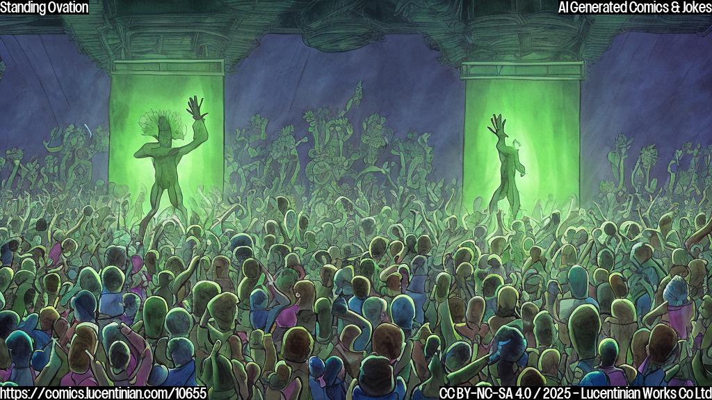 A cartoon drawing of a green monstrous creature made of different body parts standing on a stage with a spotlight shining on it, while many silhouetted figures in the audience are clapping enthusiastically. The background is a plain blue color.