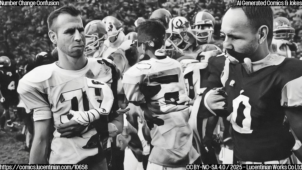 A plain color cartoon style picture of a confused football player scratching his head while looking at a jersey with the number 0 on it.