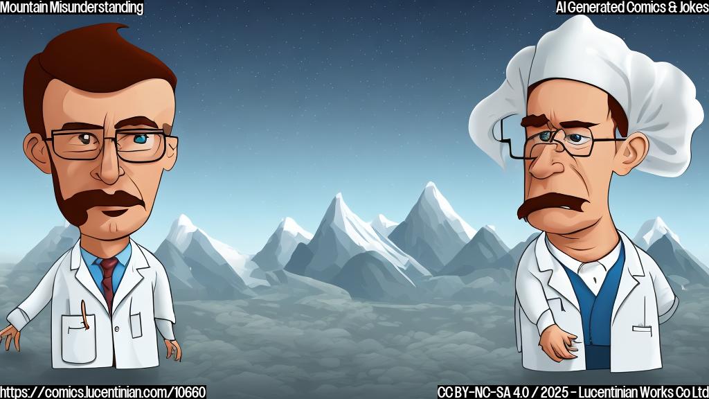 Cartoon style image. A disappointed-looking scientist in a lab coat stands facing away from a sad-looking, stylized mountain range. The background is a plain light blue.